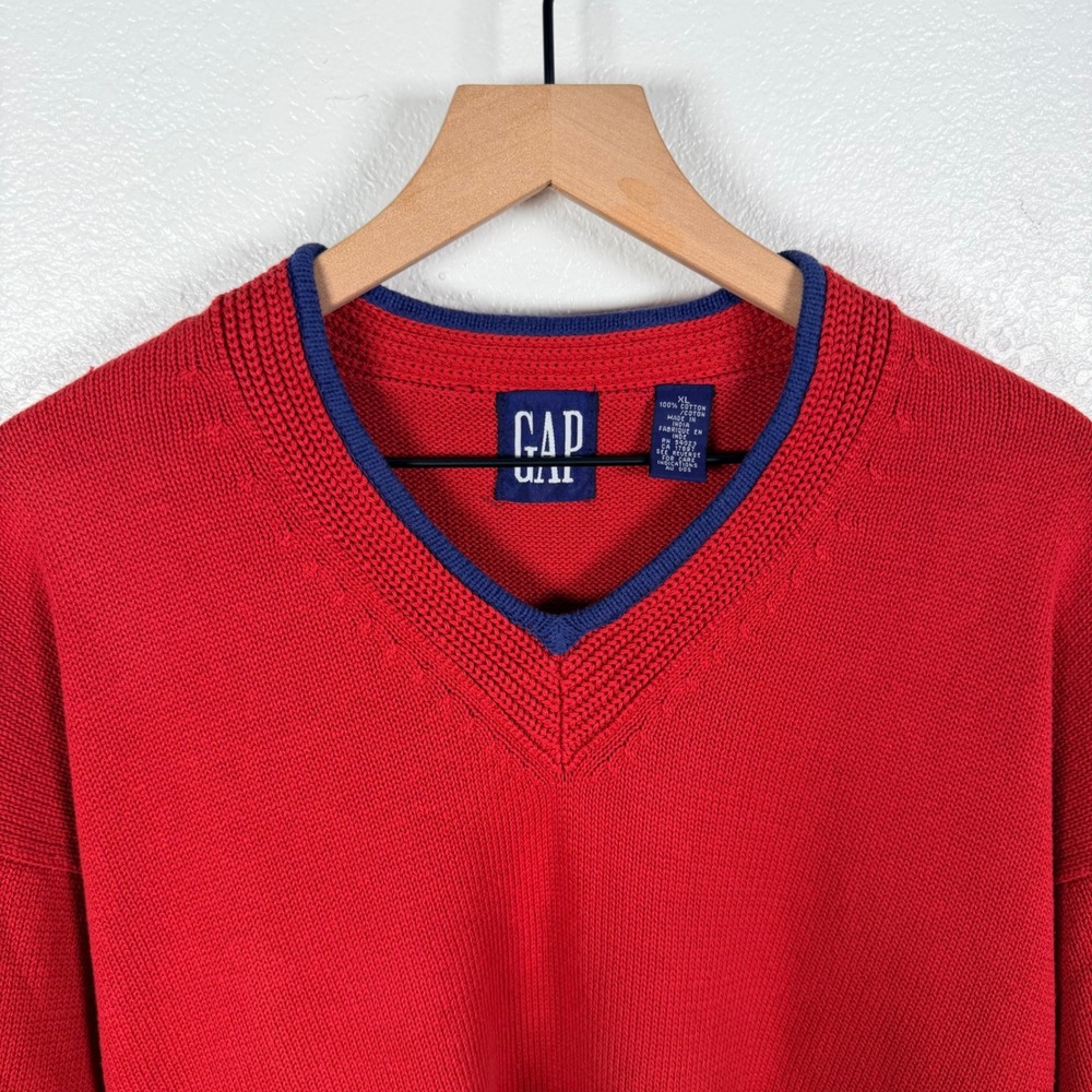 Vtg GAP Mens V-Neck Sweater XL Red Cotton Knit Pullover Cricket Tennis Preppy